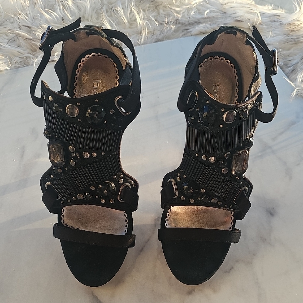 Bebe Black Beaded Sandals with Metallic Studs